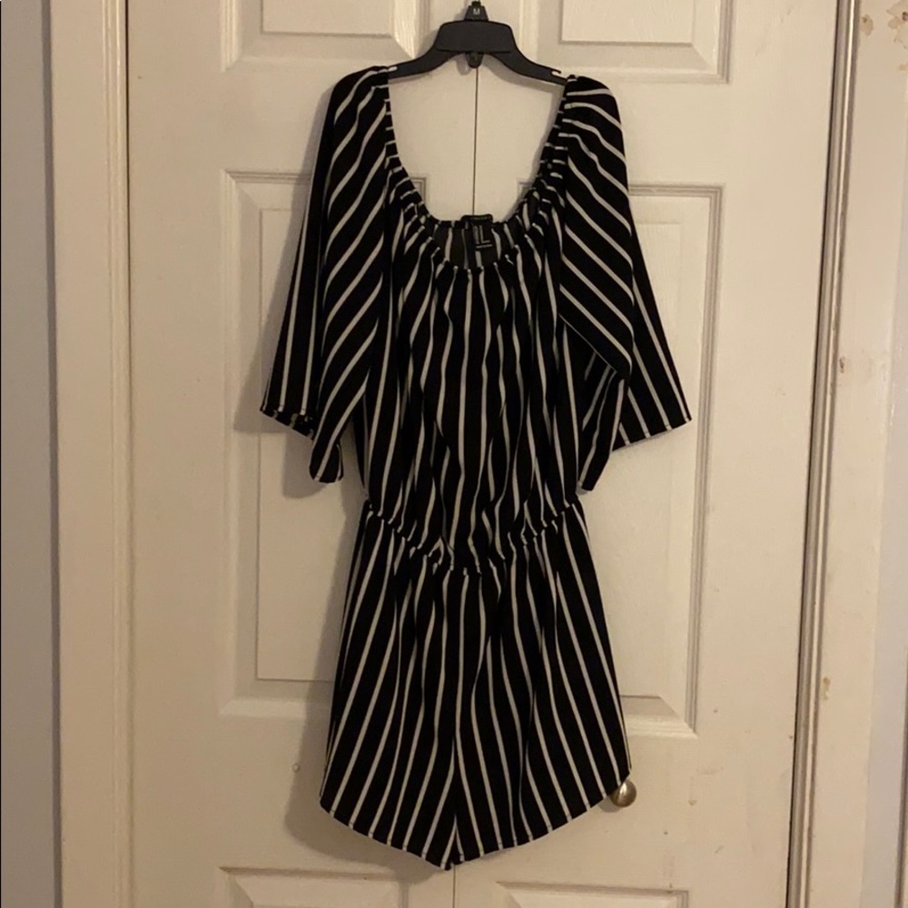 Strapless navy and white striped romper